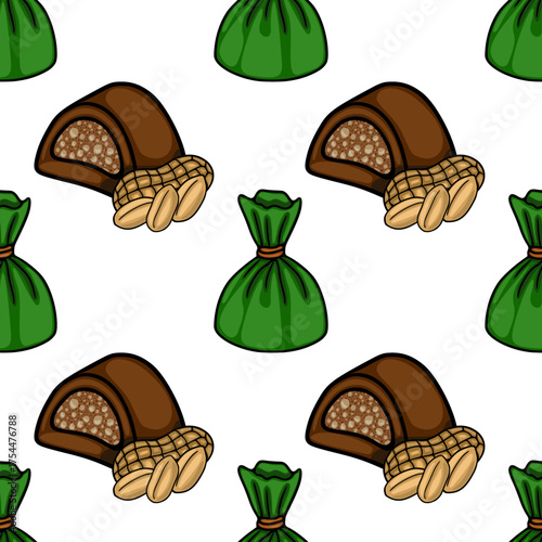 Seamless vector pattern of rich chocolate candies with peanuts and green wrapped sweets.