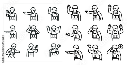 Military and defense line icons set – outline, silhouette, army and soldier symbols