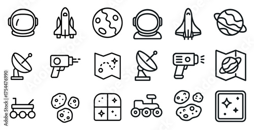 Space exploration icons set – linear, outline, astronomy and galaxy symbols