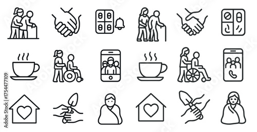 Elderly care and support icons set – outline, linear, healthcare symbols