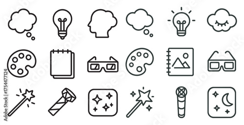 Creativity and ideas outline icons set – linear, artistic, inspiration symbols