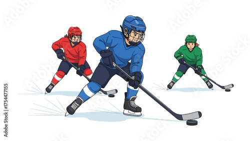 Dynamic Ice Hockey Action: A vivid illustration capturing the intense energy of ice hockey, as players clad in vibrant gear, engage in a spirited game with a puck, showcasing speed.