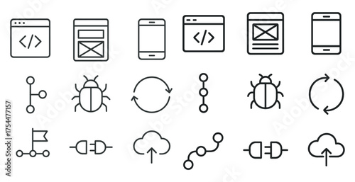 Web development linear icons set – outline, coding, programming symbols
