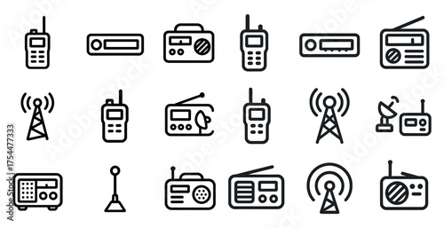 Radio and communication icons set – outline, linear, wireless and broadcast symbols