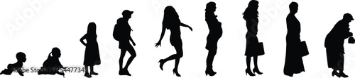 Black silhouette set showing stages of human life from baby to elderly woman, ideal for education and development themes