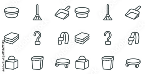Cleaning tools outline icons set – flat, linear, housekeeping and sanitation symbols