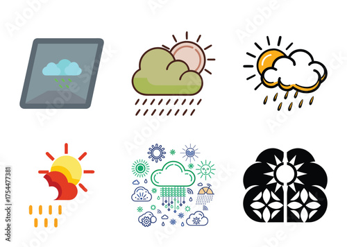 Weather Icons and Variations Illustrating Rainy and Sunny Conditions in Graphic Style