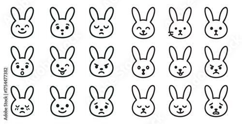 Animal expressions outline icons set – cartoon, bunny, emotive vector symbols