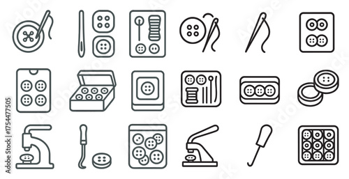 Sewing tools outline icons set – crafting, stitching, needlework essentials