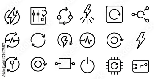 Technology and circuit outline icons set – linear, network, electronic symbols
