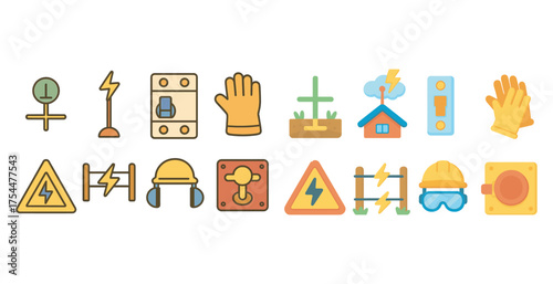 Electrical safety flat icons set – hazard, protection, prevention symbols