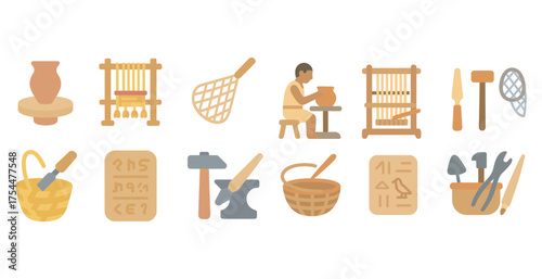 Ancient crafts flat icons set – handcraft, traditional, cultural symbols collection