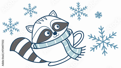 A Content Raccoon with in a teacup in a Cozy winter theme – Frosty Winter palette SVG illustration
