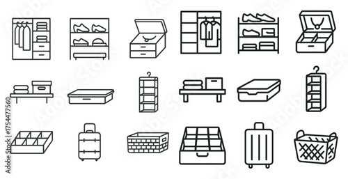 Wardrobe and storage outline icons set – line, organization, closet symbols