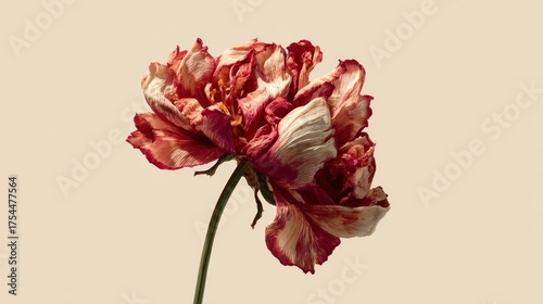 Wilted flower with dramatic red and cream petals on beige background