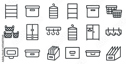 Home organization icons set – line, outline, storage and decluttering symbols