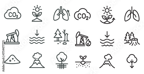 Environmental conservation outline icons set – nature, sustainability, ecology themes