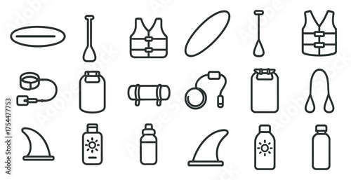 Water sports equipment line icons set – linear, outline, surf and paddle gear