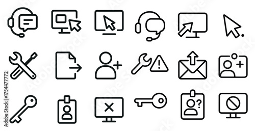 Customer support outline icons set – solid, linear, tech and service symbols