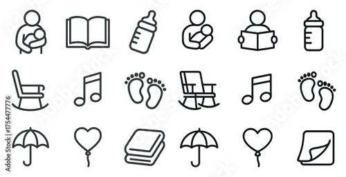 Parenting and baby outline icons set – linear, nursery, childcare symbols