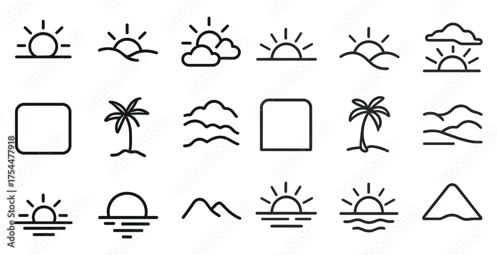 Fototapeta premium Nature and holidays line icons set – outline, linear, vacation and travel symbols