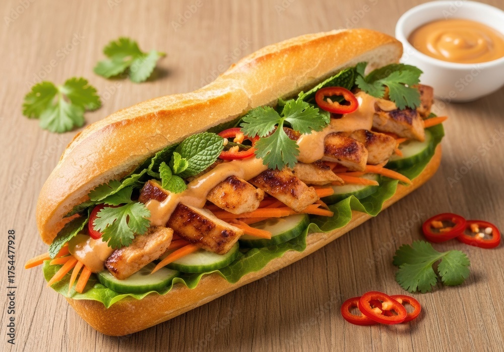 Obraz premium Grilled Chicken Bánh Mì Sandwich with Pickled Veggies, Cilantro & Spicy Mayo