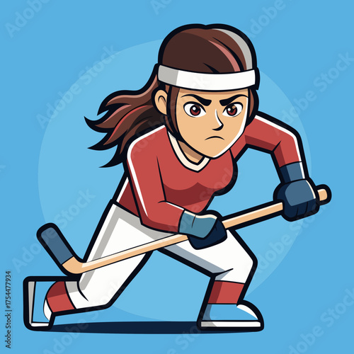 Woman Hockey Player Flat Cartoon Red White Blue Training Hard Focused Express Illustration