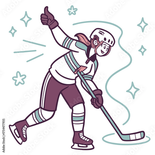 Woman Hockey Player Giving Thumbs Up Cartoon Line Art Purple Teal White Sportswoman Achievement Graphic