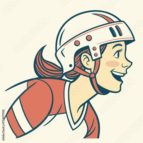 Smiling Woman Hockey Player with Ponytail Under Helmet Retro Cartoon Red Beige for Sports Activity