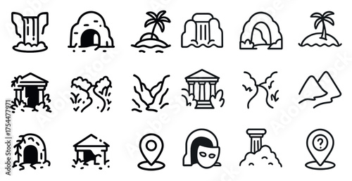 Nature and travel outline icons set – linear, landscape, adventure symbols