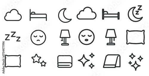 Sleep and relaxation icons set – outline, bedtime, night, flat style symbols