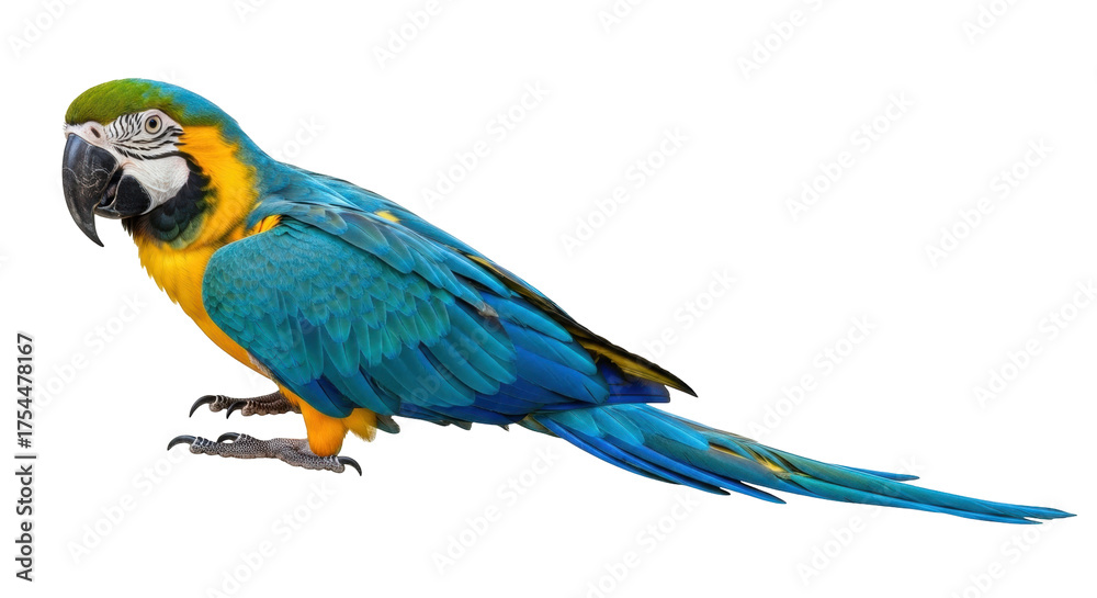 Obraz premium Isolated Parrot showing its Blue and Gold Feathers, Parrot perched with Bright Coloring