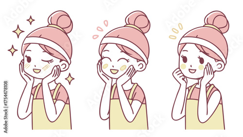 A girl with pink hair performing a facial routine. The sequence includes treating acne, applying cream, cleansing, massaging, and using under-eye patches. The girl wears a headband and has happy.