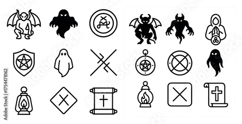 Horror and halloween icons set – outline, linear, spooky and eerie symbols