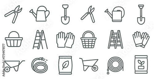 Gardening tools line icons set – flat, outline, planting and horticulture symbols