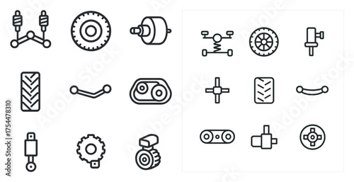 Automotive parts icons set – outline, linear, vehicle and repair symbols