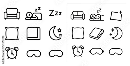 Sleep and relaxation outline icons set – rest, bedtime symbols for comfort