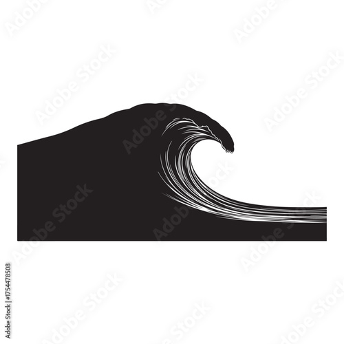Silhouette of a large ocean wave isolated on white background, capturing the power and beauty of nature in a simple yet striking design