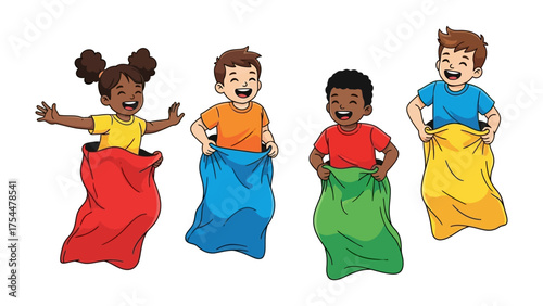 Joyful Sack Race: Energetic children engage in a spirited sack race, their faces lit with pure joy and anticipation as they hop towards the finish line.
