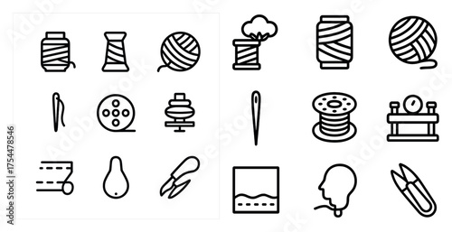 Knitting and sewing outline icons set – linear, needlework, crafting symbols