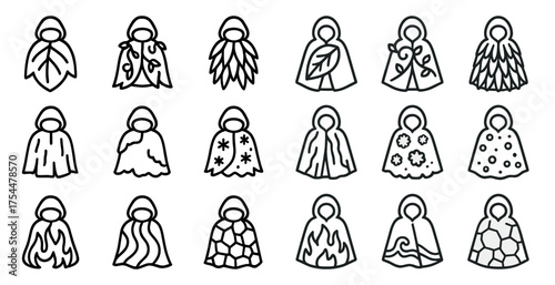 Superhero outline icons set – line, silhouette, comic and fantasy symbols