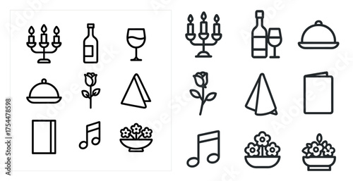 Elegant dining outline icons set – wine glasses, music notes, table setup symbols