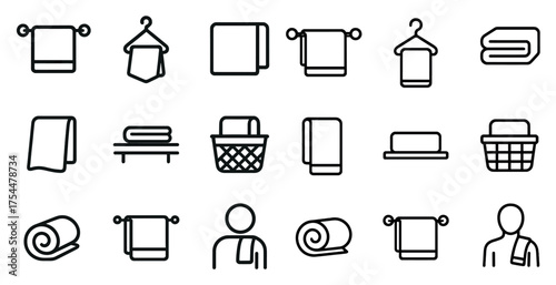 Bathroom essentials line icons set – toiletries, towels, hygiene symbols
