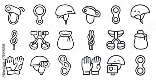 Climbing and mountaineering icons set – outline, linear, adventure and gear symbols