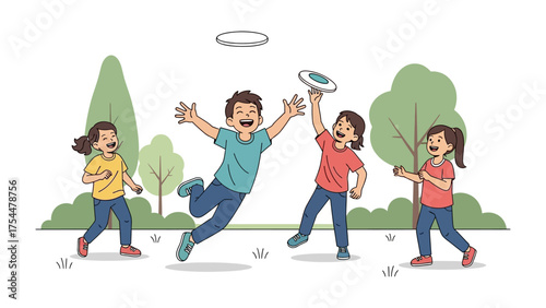 Playful Moments: Capturing a scene of joyous youth engaged in a lively game of frisbee amidst the serenity of nature. A delightful illustration of pure fun.