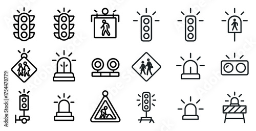 Traffic and safety symbols icons set – outline, linear, road and hazard signs