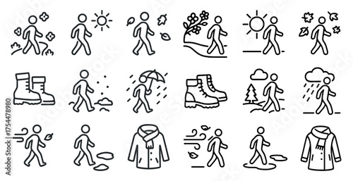 Outdoor activities icons set – outline, line, nature and hiking symbols