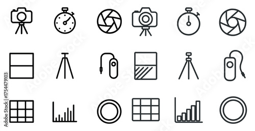 Photography and camera outline icons set – linear, silhouette, photo symbols