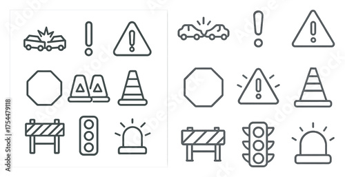 Traffic and safety line icons set – outline, road, warning and caution symbols
