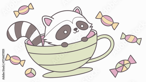 Whimsical Raccoon feeling Gentle in a Birthday setting with in a teacup – colored in Candy Shop